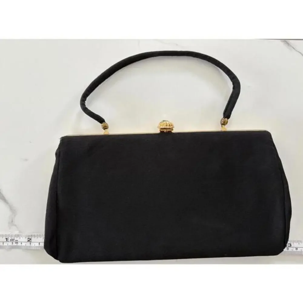 Vintage Evening Bag Clutch Gold Rhinestone Black Satin